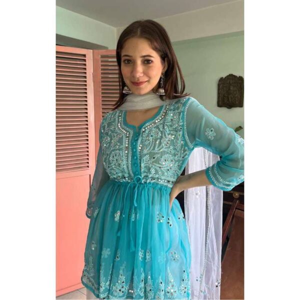 Georgette Chikankari Mirror Work 3 piece Short Gown Set