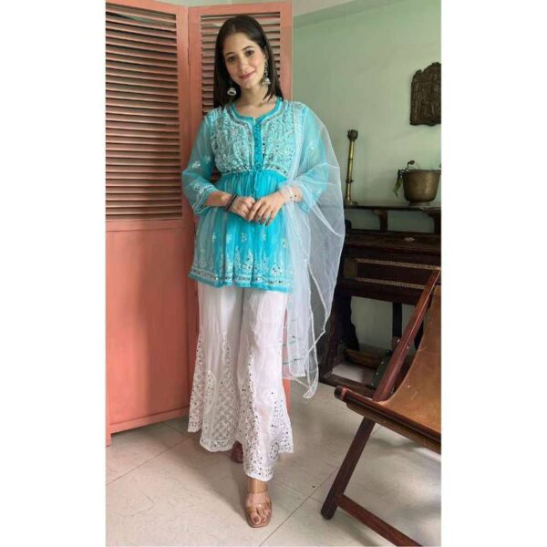 Georgette Chikankari Mirror Work 3 piece Short Gown Set